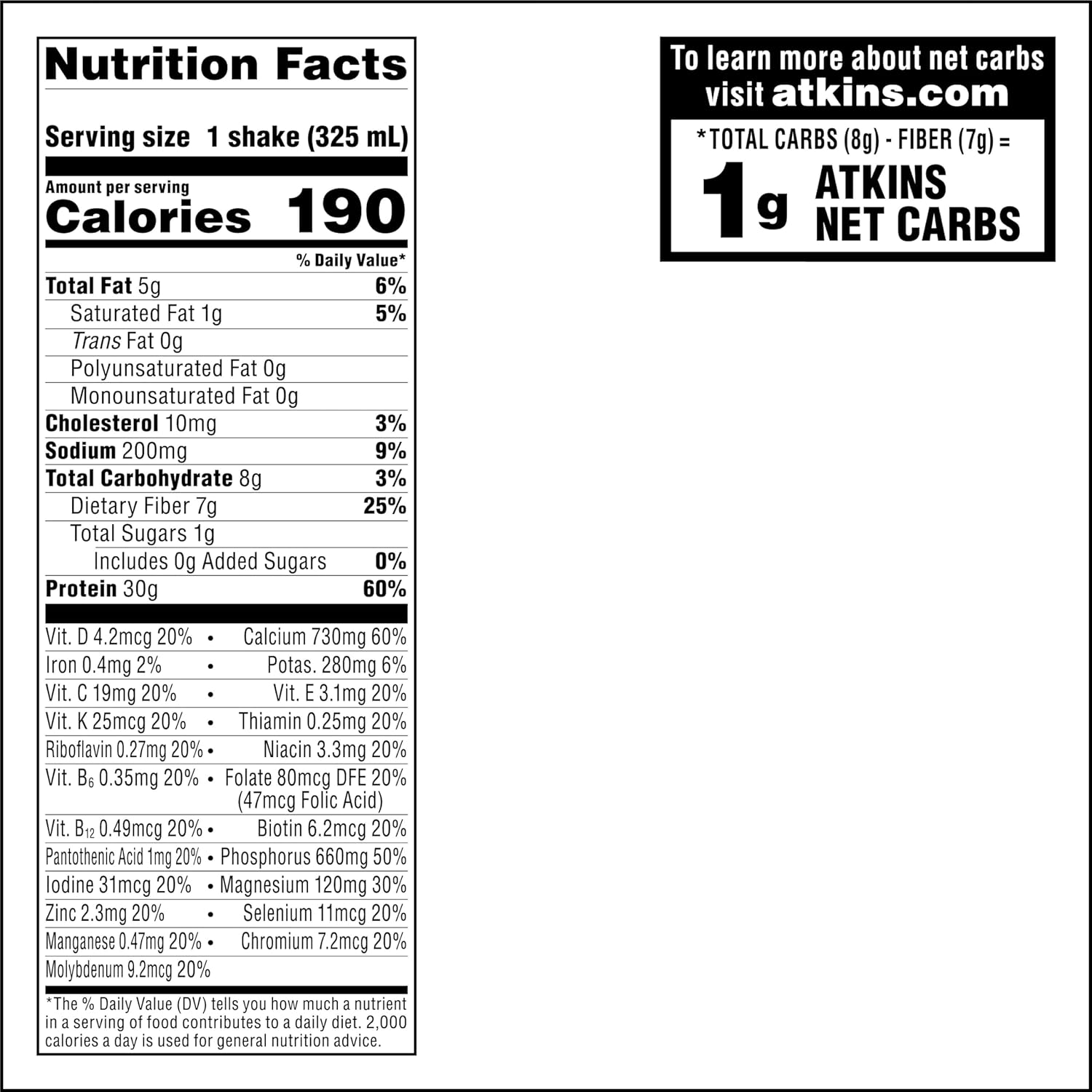 Atkins Creamy Vanilla Protein Shake 12-Pack - 30g Protein, 7g Fiber, 1g Net Carb, Keto Friendly