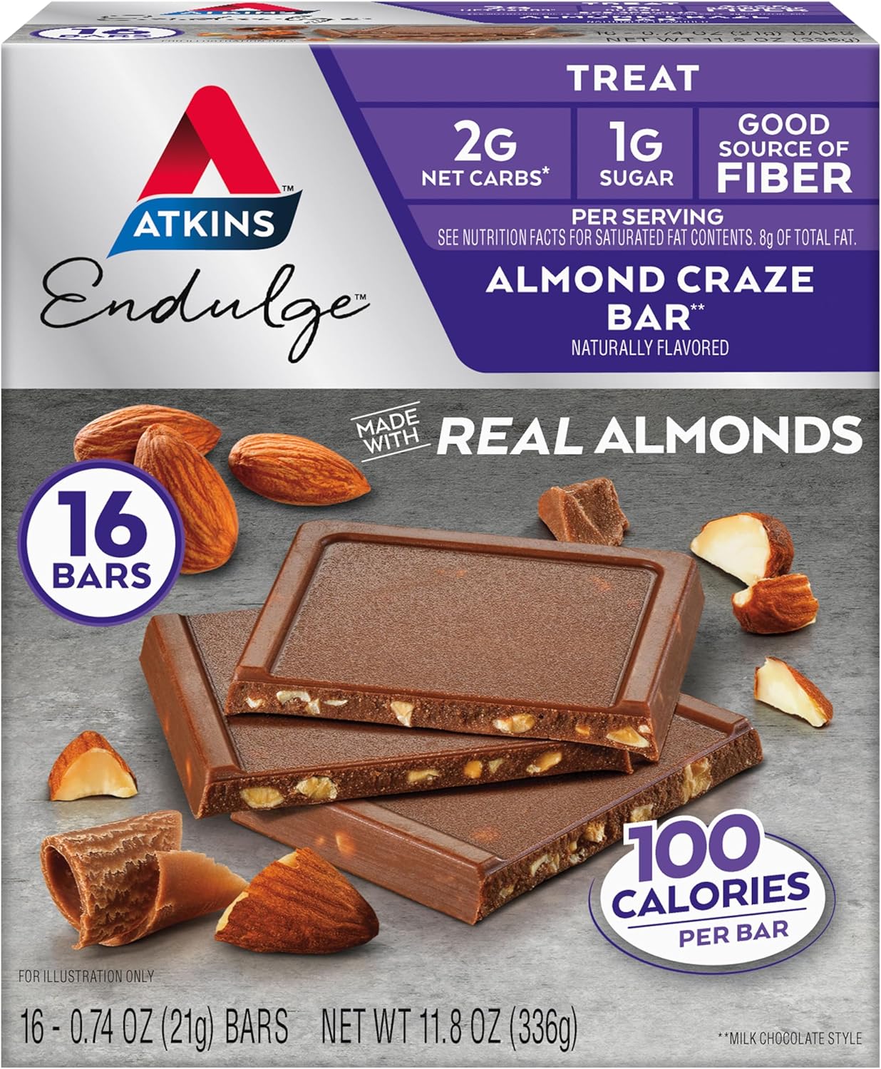 Atkins Endulge Almond Craze Bars - 2g Net Carbs, 1g Sugar, High Fiber, Keto, 16 Pack