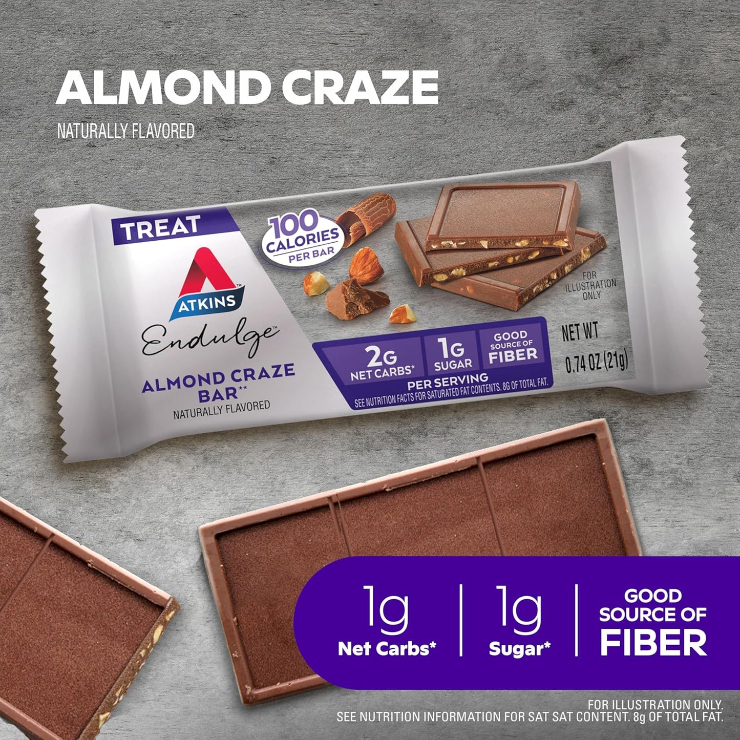 Atkins Endulge Almond Craze Bars - 2g Net Carbs, 1g Sugar, High Fiber, Keto, 16 Pack