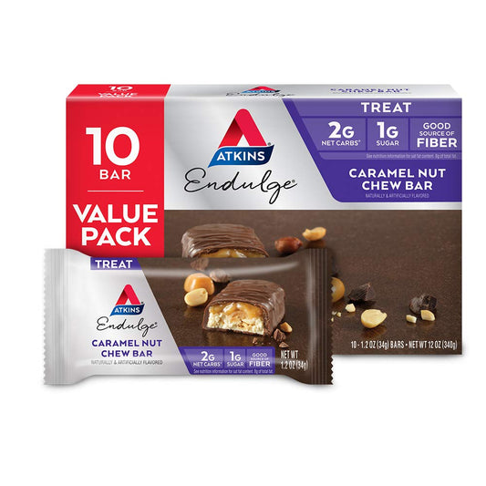 Atkins Endulge Caramel Nut Chew Bars - 1g Sugar, High Fiber, Low Sugar - 10 Pack