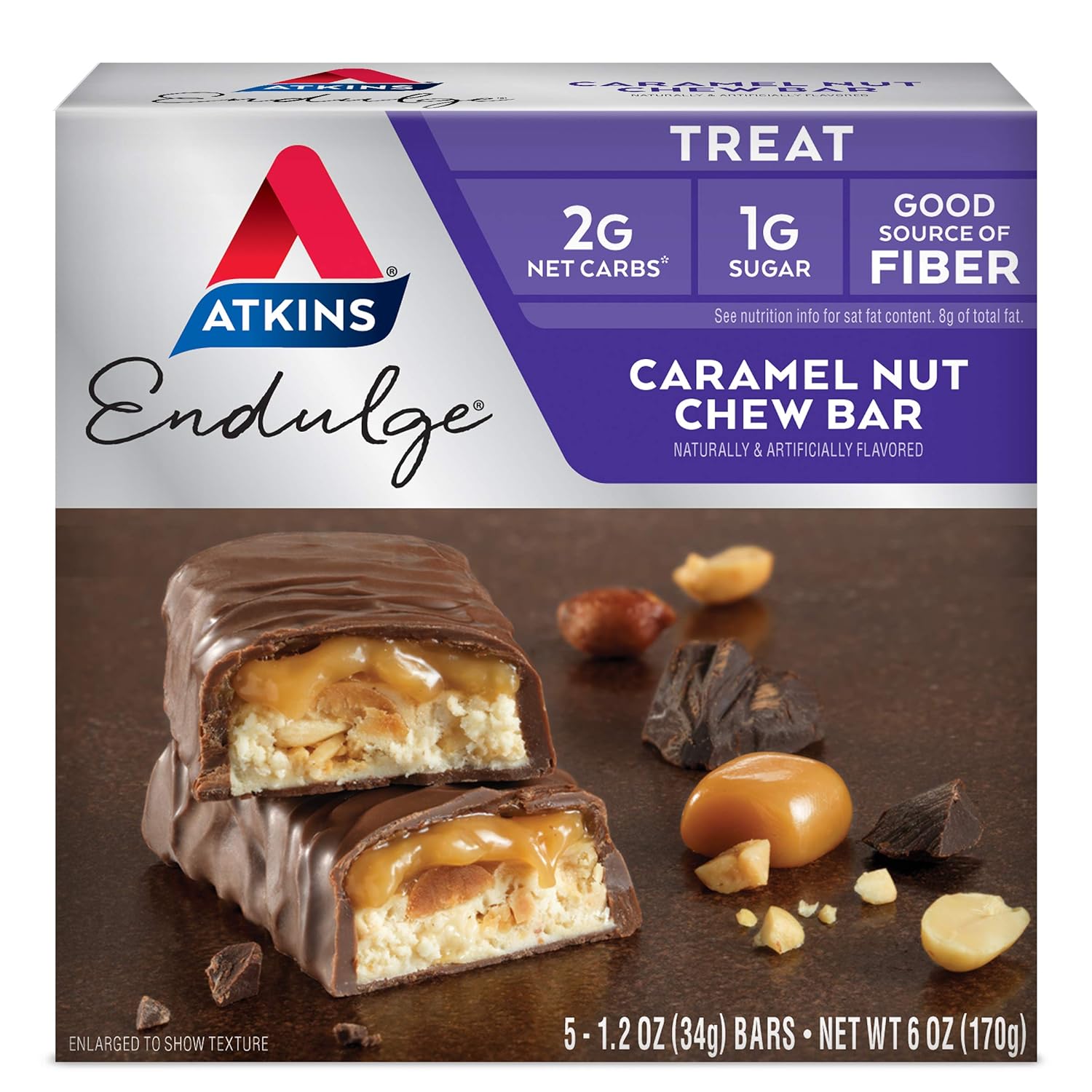Atkins Endulge Caramel Nut Chew Bars - Low Sugar, High Fiber, 5 Pack