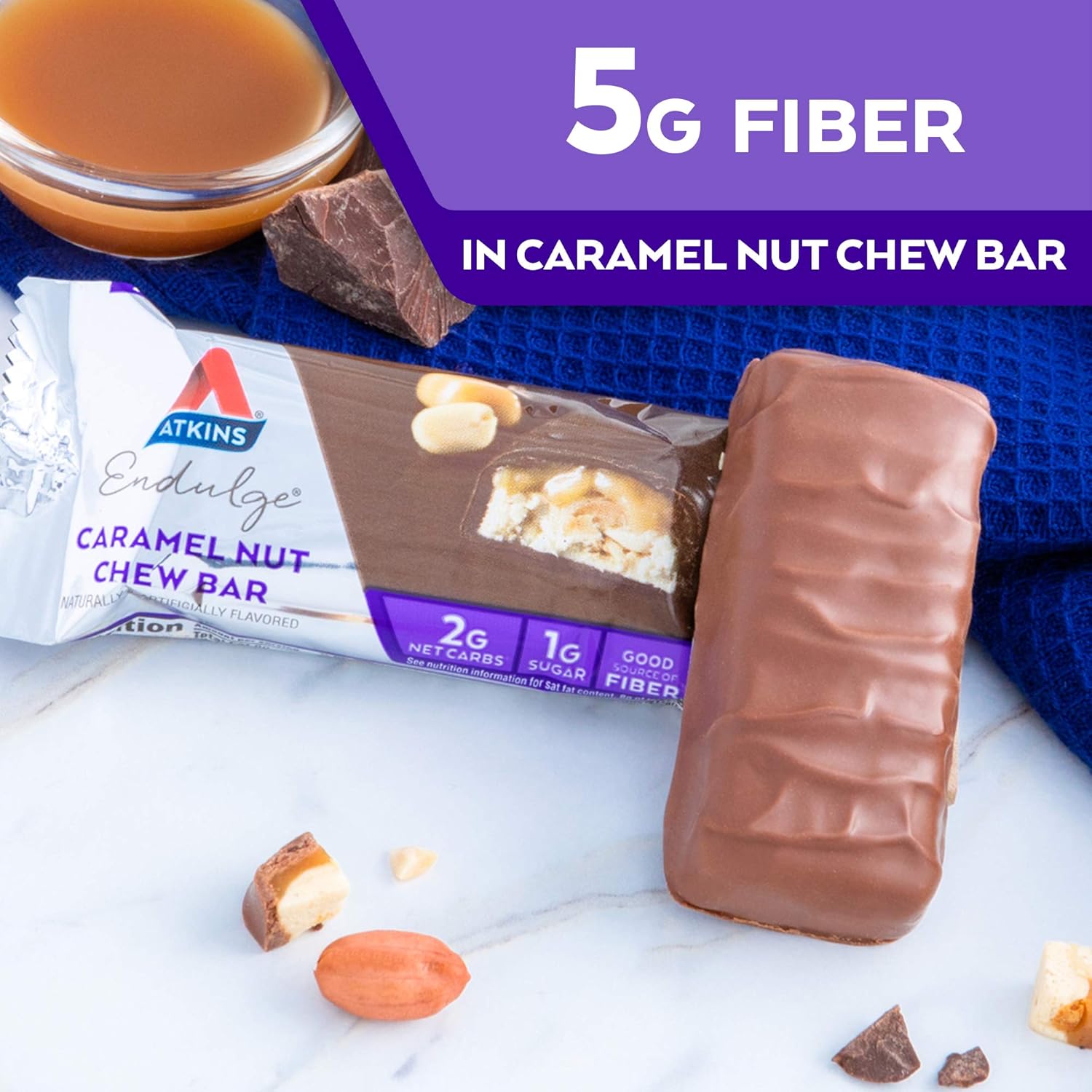 Atkins Endulge Caramel Nut Chew Bars - Low Sugar, High Fiber, 5 Pack