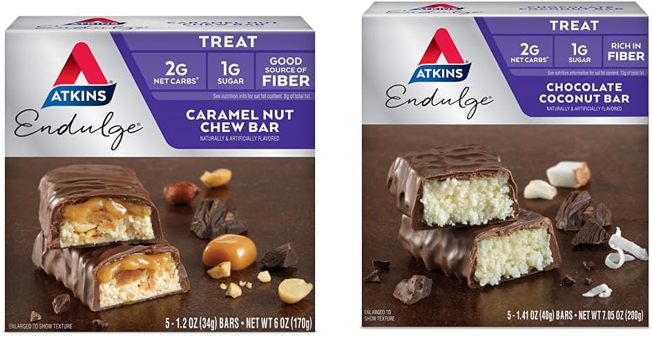 Atkins Endulge Caramel Nut Chew & Chocolate Coconut Bars - Low Sugar Snack, Pack of 5