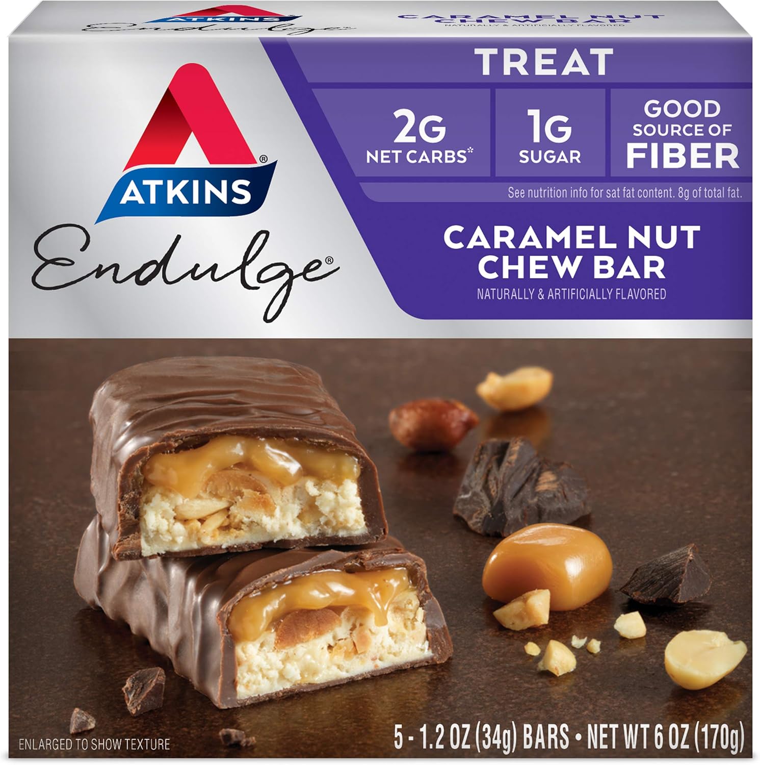 Atkins Endulge Caramel Nut Chew & Chocolate Coconut Bars - Low Sugar Snack, Pack of 5
