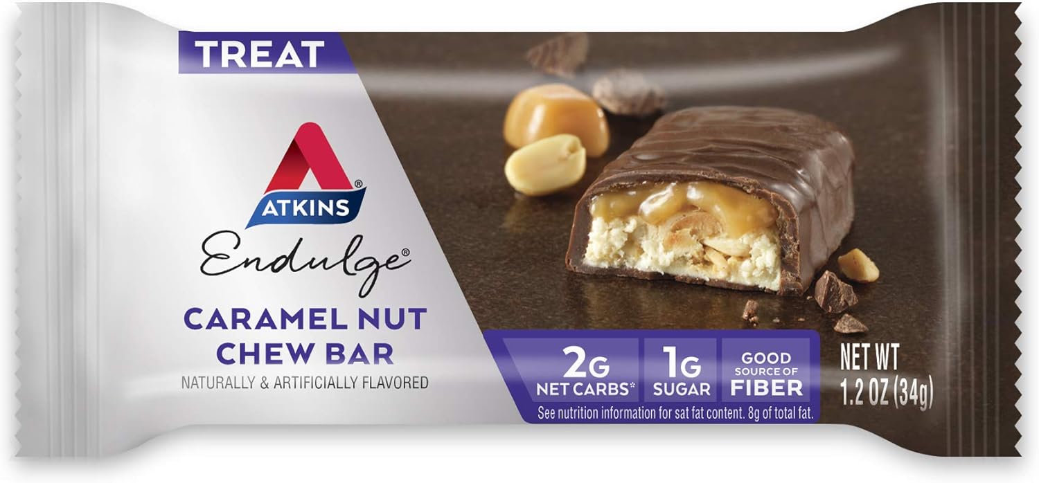 Atkins Endulge Caramel Nut Chew & Chocolate Coconut Bars - Low Sugar Snack, Pack of 5