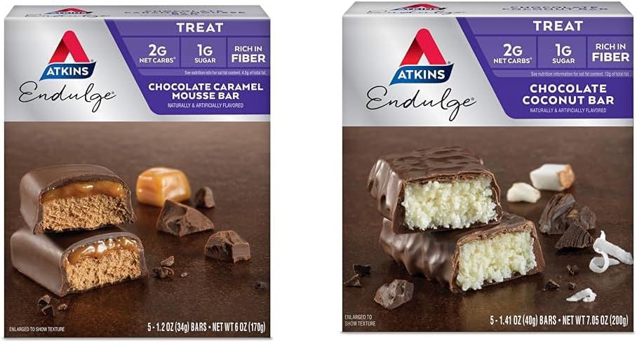 Atkins Endulge Chocolate Caramel Coconut Bars, Low Sugar, High Fiber, 5 Pack