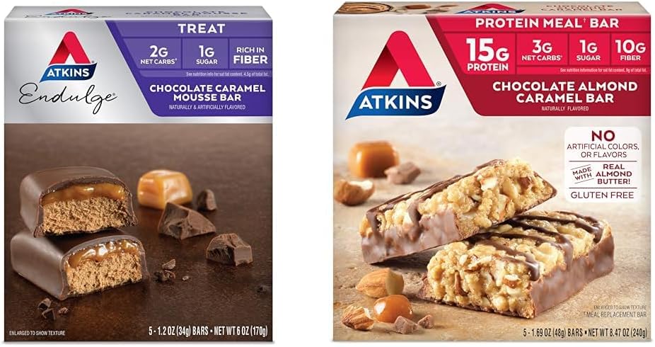 Atkins Endulge Chocolate Caramel Mousse & Almond Caramel Bars, 1g Sugar, High Fiber, Keto-Friendly, Gluten-Free, 5 Count (Pack of 1)