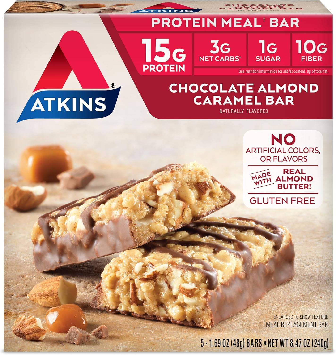 Atkins Endulge Chocolate Caramel Mousse & Almond Caramel Bars, 1g Sugar, High Fiber, Keto-Friendly, Gluten-Free, 5 Count (Pack of 1)