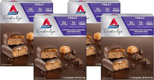 Atkins Endulge Chocolate Caramel Mousse Bar - 5 Count, Low Sugar Dessert Favorite, High Fiber - Pack of 4
