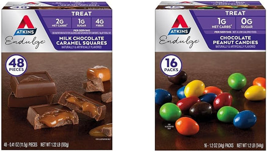 Atkins Endulge Chocolate Caramel Squares & Peanut Candies Variety Pack, Low Sugar Desserts, High Fiber, 48 Count & 16 Count