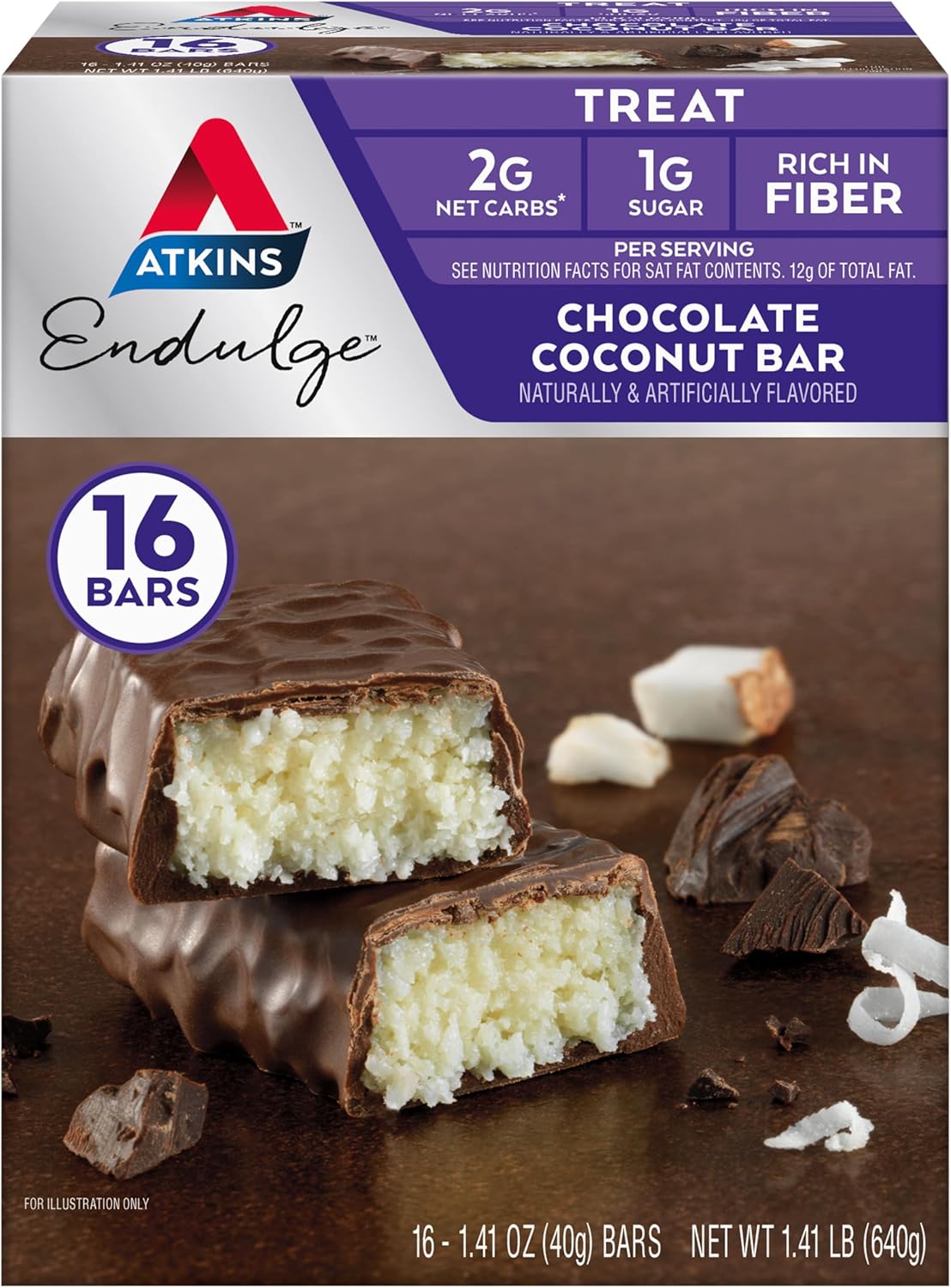 Atkins Endulge Chocolate Coconut Bars - Delicious Low-Sugar Dessert Treat with High Fiber, 16 Count Pack