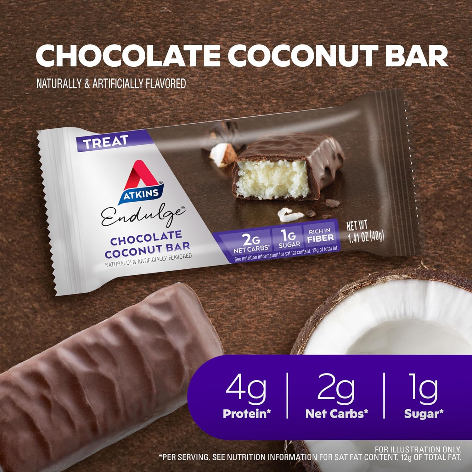 Atkins Endulge Chocolate Coconut Bars - Delicious Low-Sugar Dessert Treat with High Fiber, 16 Count Pack