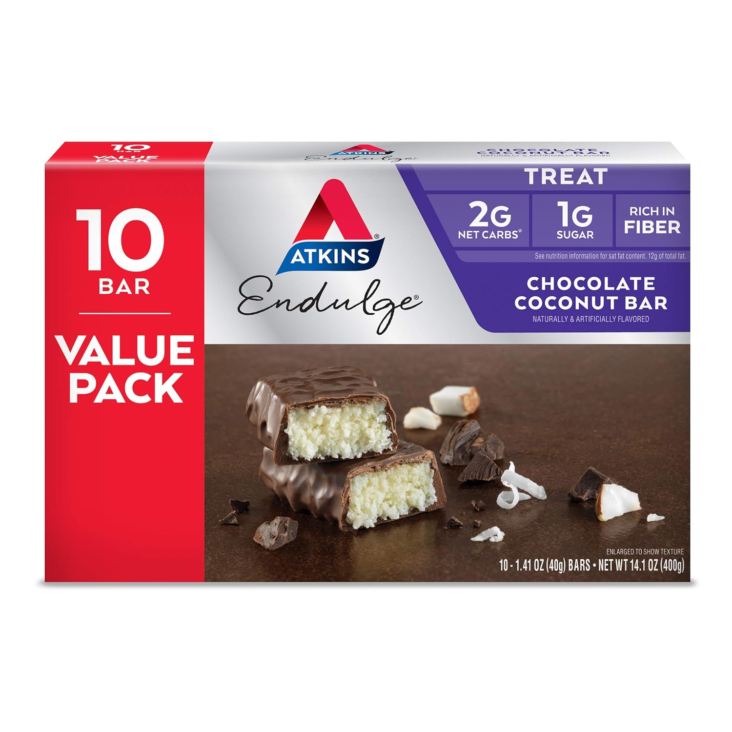 Atkins Endulge Chocolate Coconut Bars - Dessert Favorite with High Fiber and Low Sugar - 10 Count Pack
