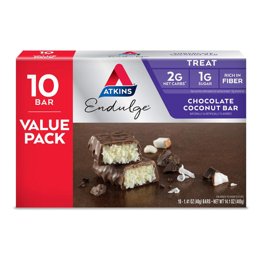 Atkins Endulge Chocolate Coconut Bars - Dessert Favorite with High Fiber and Low Sugar - 10 Count Pack