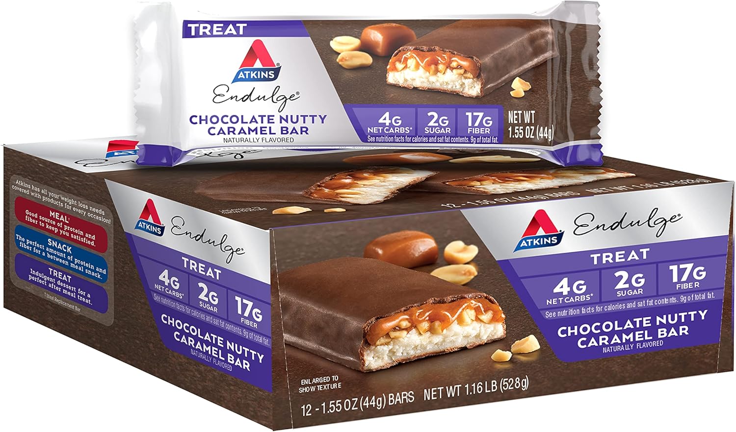 Atkins Endulge Chocolate Nutty Caramel Bars, 2g Sugar, High Fiber, Keto-Friendly, 12 Count