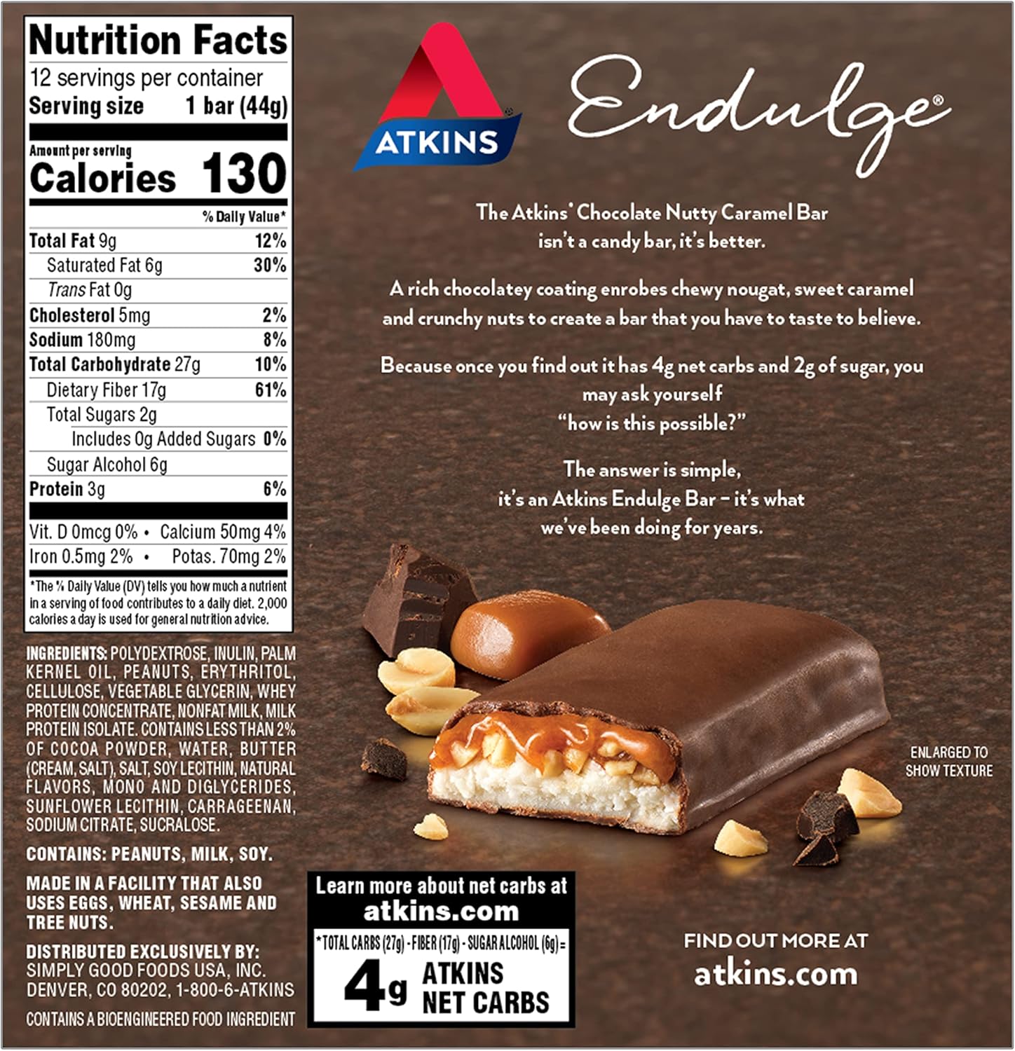 Atkins Endulge Chocolate Nutty Caramel Bars, 2g Sugar, High Fiber, Keto-Friendly, 12 Count