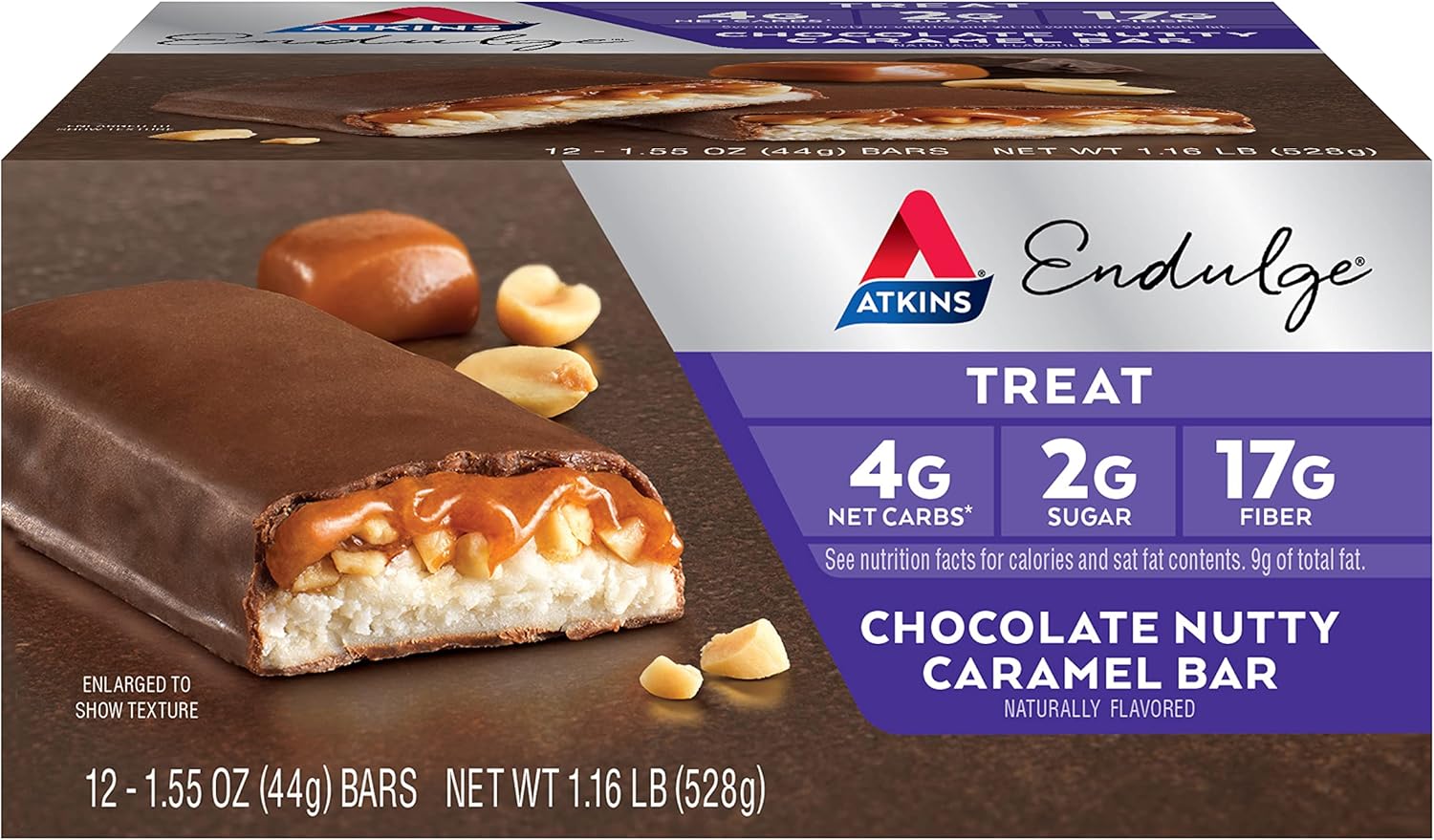 Atkins Endulge Chocolate Nutty Caramel Bars, 2g Sugar, High Fiber, Keto-Friendly, 12 Count