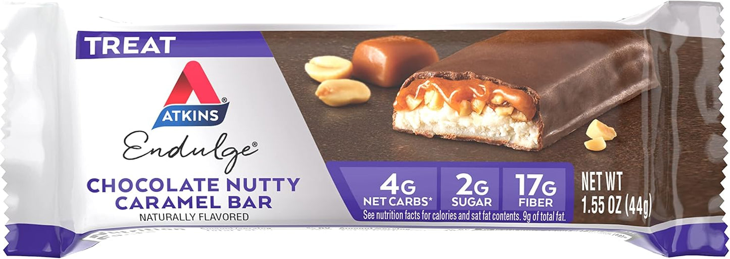 Atkins Endulge Chocolate Nutty Caramel Bars, 2g Sugar, High Fiber, Keto-Friendly, 12 Count