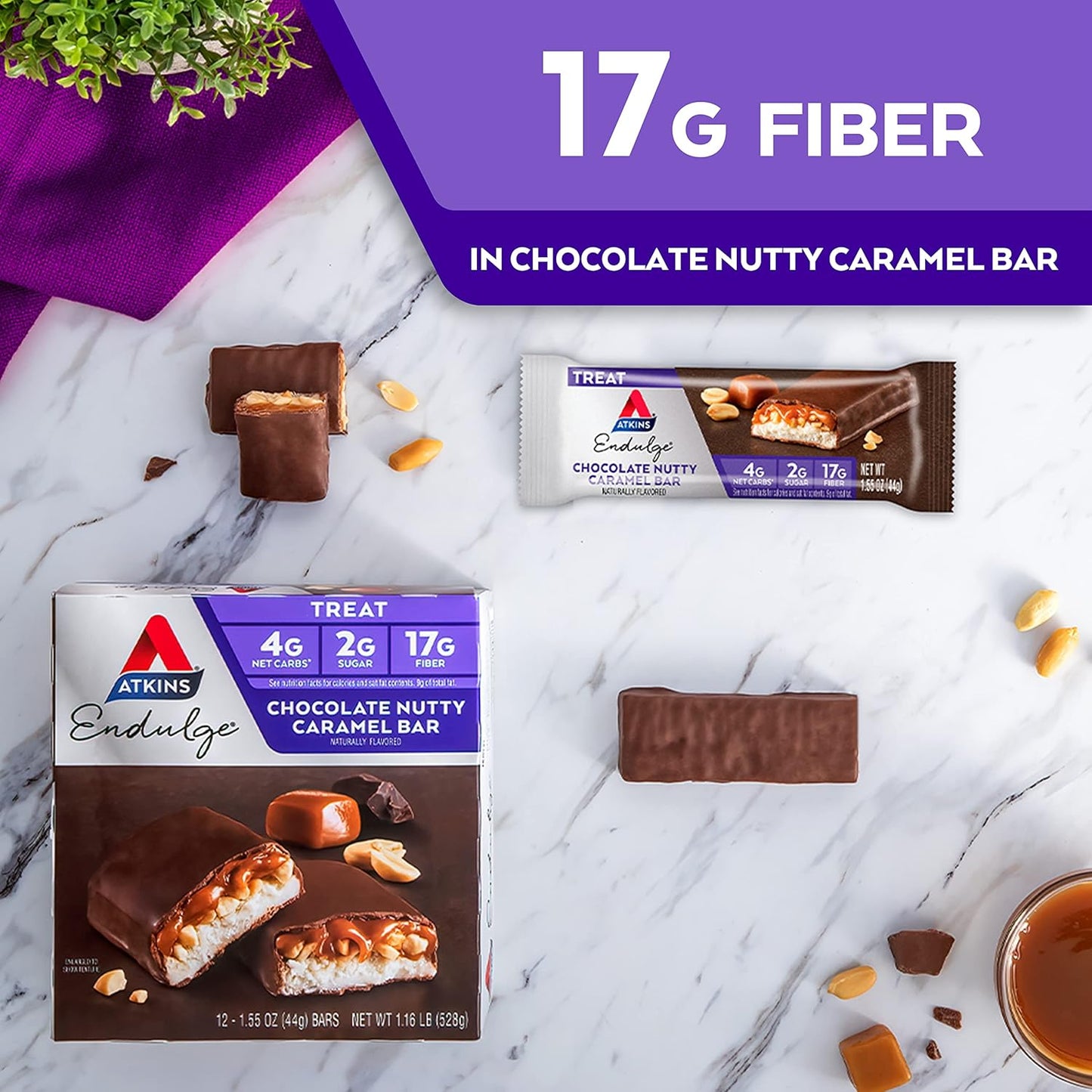Atkins Endulge Chocolate Nutty Caramel Bars, 2g Sugar, High Fiber, Keto-Friendly, 12 Count
