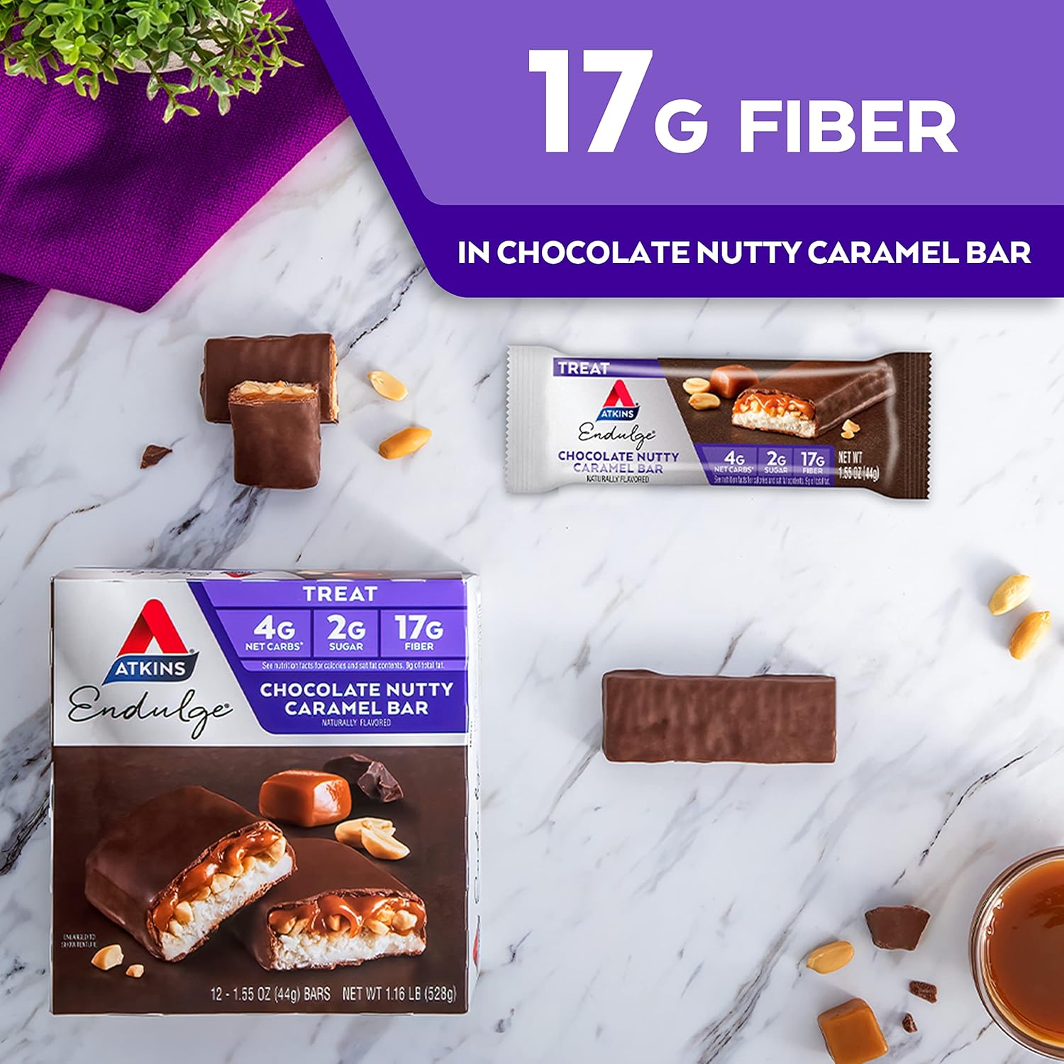 Atkins Endulge Chocolate Nutty Caramel Bars, 2g Sugar, High Fiber, Keto-Friendly, 12 Count