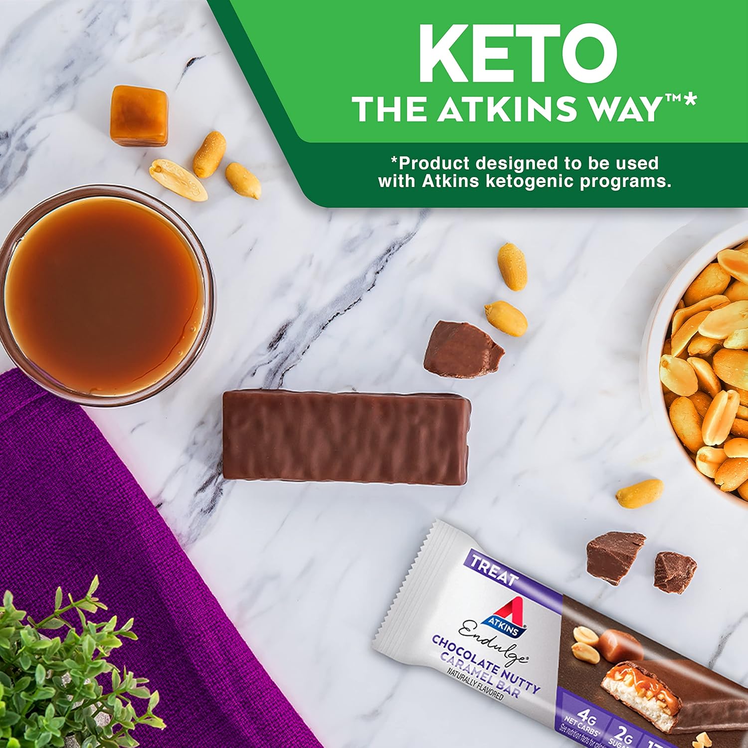 Atkins Endulge Chocolate Nutty Caramel Bars, 2g Sugar, High Fiber, Keto-Friendly, 12 Count