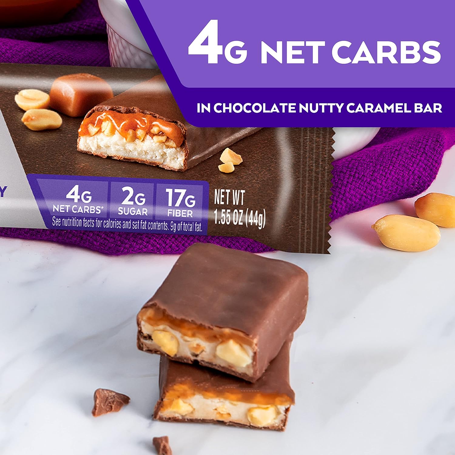 Atkins Endulge Chocolate Nutty Caramel Bars, 2g Sugar, High Fiber, Keto-Friendly, 12 Count