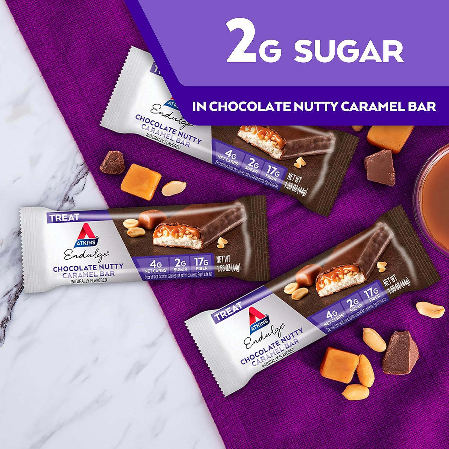 Atkins Endulge Chocolate Nutty Caramel Bars, 2g Sugar, High Fiber, Keto-Friendly, 12 Count