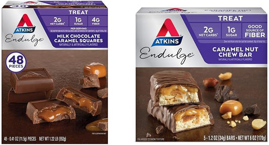 Atkins Endulge Milk Chocolate Caramel Squares 48 Count & Caramel Nut Chew Bars 5 Count Combo Pack