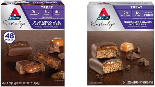 Atkins Endulge Milk Chocolate Caramel Squares & Chocolate Caramel Mousse Bars Bundle - 48 Squares & 5 Bars