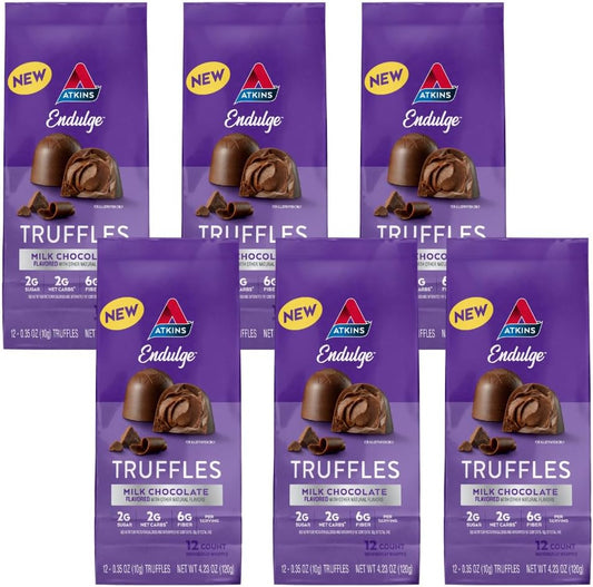 Atkins Endulge Milk Chocolate Truffles - Low Sugar, Low Carb, Keto Friendly - 6 Packs of 12 Truffles