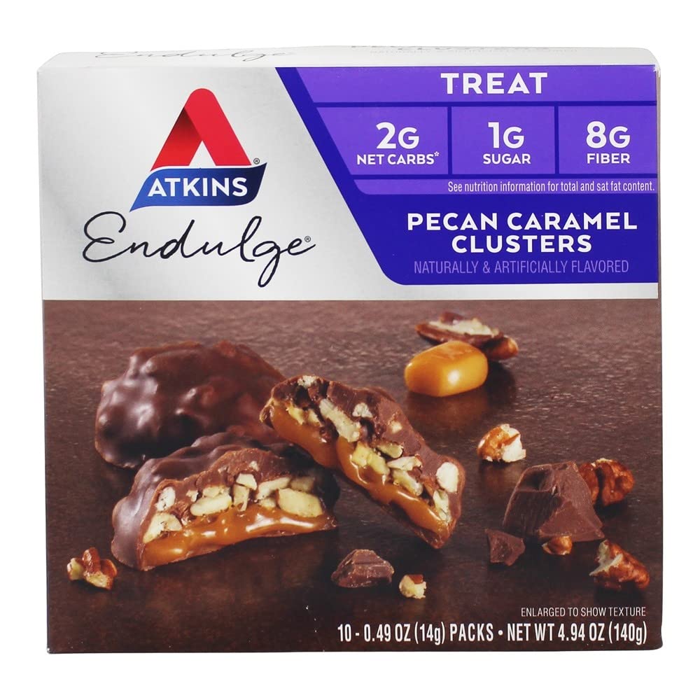 Atkins Endulge Pecan Caramel Clusters - Pack of 10, 0.49 oz Snack Bars for Low Carb Diet