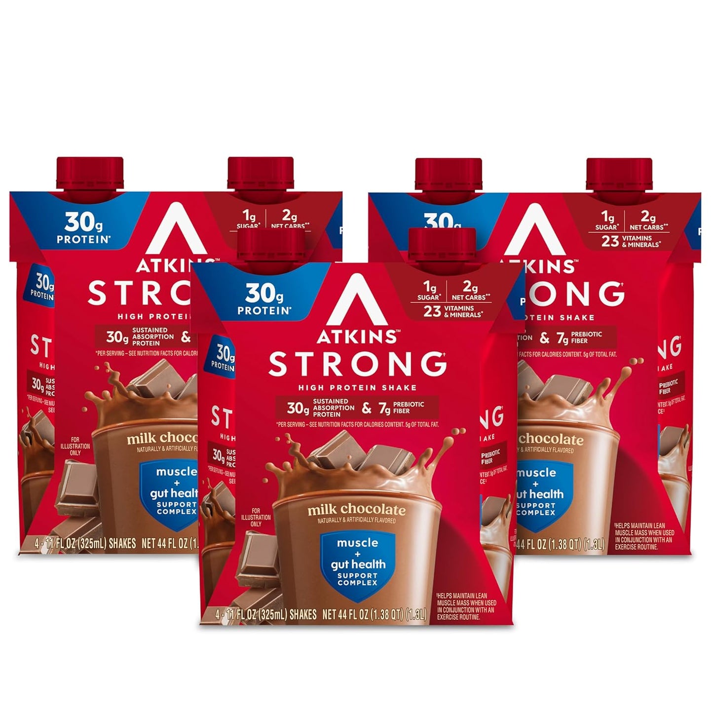 Atkins Milk Chocolate High Protein Shake with 30g Protein and 7g Prebiotic Fiber - Muscle & Gut Health Support - 12 Pack