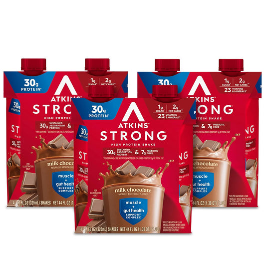 Atkins Milk Chocolate High Protein Shake with 30g Protein and 7g Prebiotic Fiber - Muscle & Gut Health Support - 12 Pack