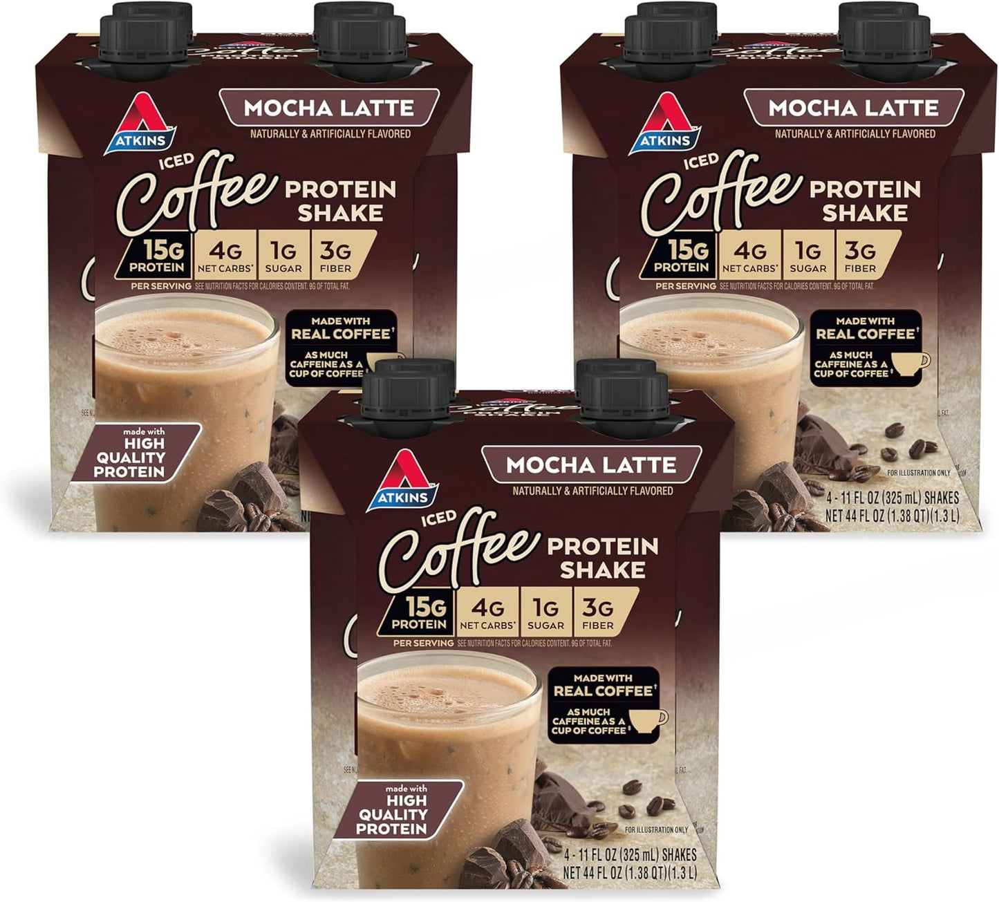 Atkins Mocha Latte Iced Coffee Protein Shake - 15g Protein, Low Glycemic, 4g Net Carb, 1g Sugar - Keto Friendly
