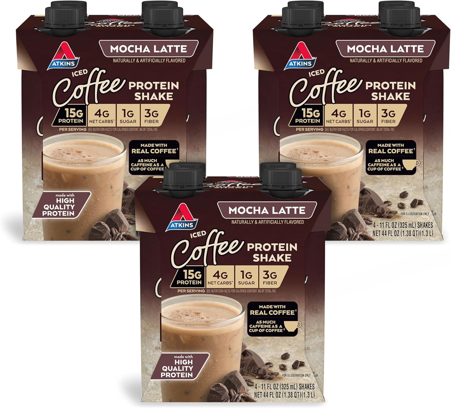 Atkins Mocha Latte Iced Coffee Protein Shake - 15g Protein, Low Glycemic, 4g Net Carb, 1g Sugar - Keto Friendly