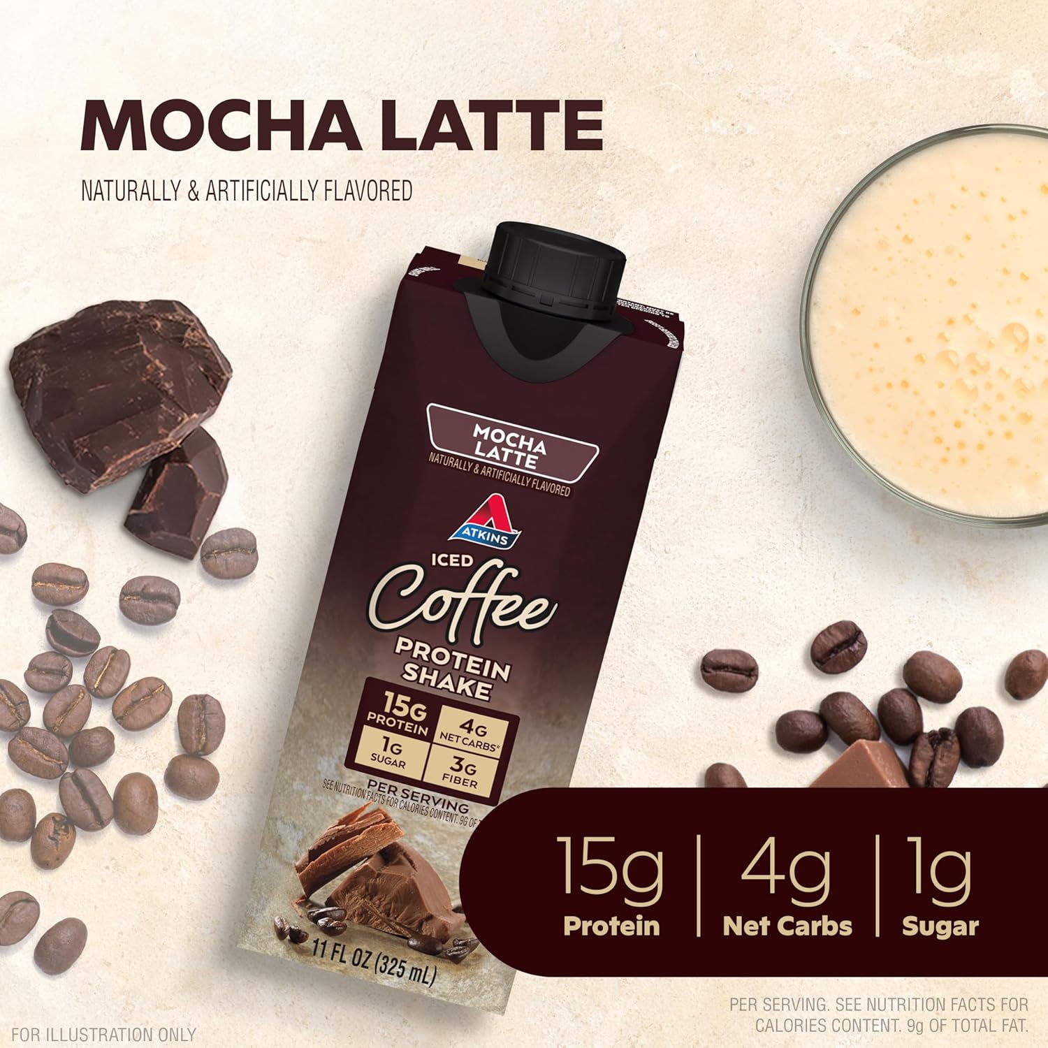 Atkins Mocha Latte Iced Coffee Protein Shake - 15g Protein, Low Glycemic, 4g Net Carb, 1g Sugar - Keto Friendly