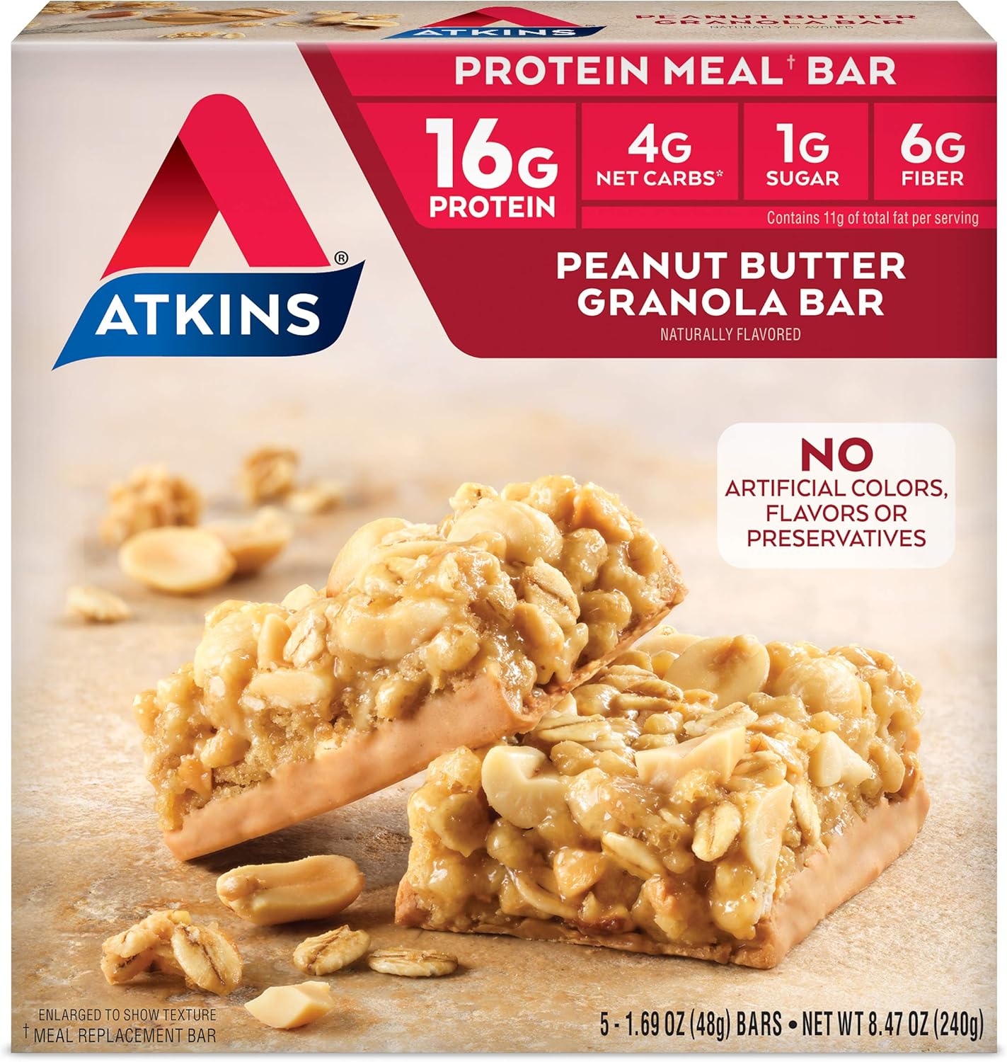 Atkins Peanut Butter Granola Protein Meal Bars, 1.69 Oz Each, Pack of 5