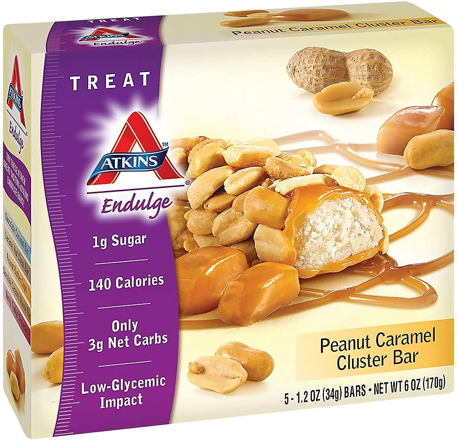 Atkins Peanut Caramel Cluster Bar: Low-Carb Dessert with High Fiber, 3g Net Carbs, 1g Sugar - Delicious Snack