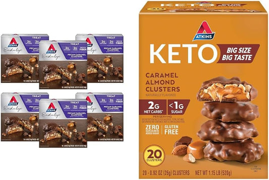 Atkins Pecan Caramel & Caramel Almond Clusters - 60 & 20 Count, High Fiber, Low Sugar, Low Carb Mix