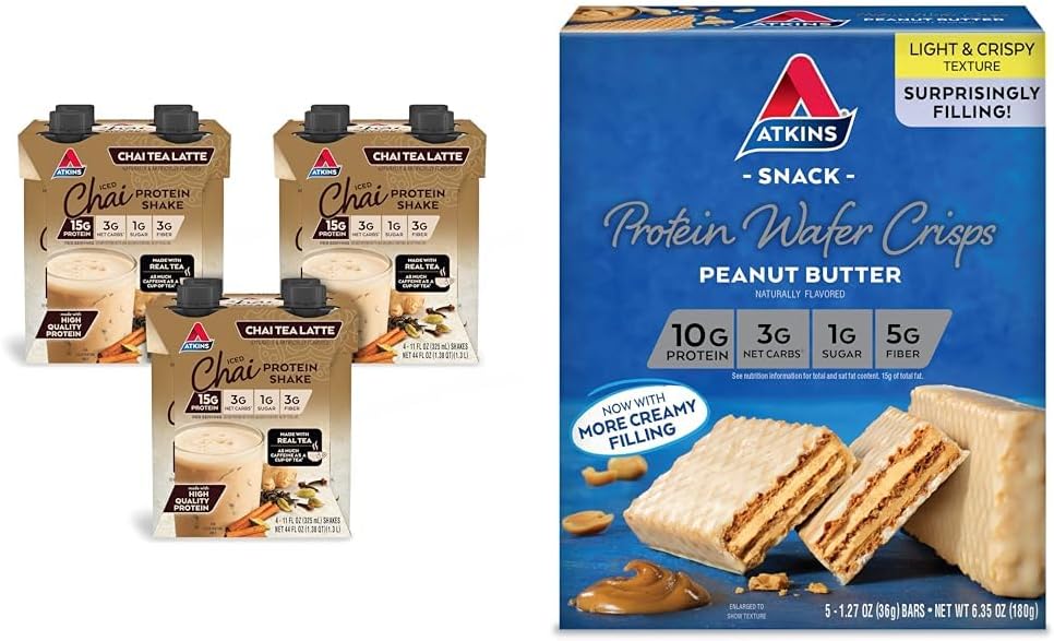 Atkins Protein Bundle: Chai Tea Latte Shake with 15g Protein + Peanut Butter Wafer Crisps with 10g Protein, Low Net Carb & Sugar, 5 Pack