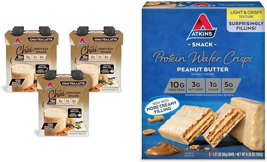 Atkins Protein Bundle: Chai Tea Latte Shake with 15g Protein + Peanut Butter Wafer Crisps with 10g Protein, Low Net Carb & Sugar, 5 Pack