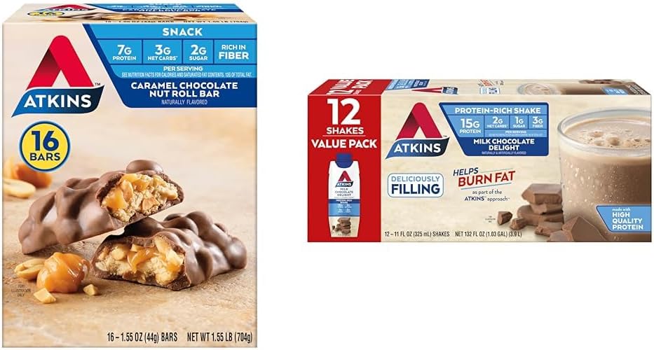 Atkins Protein Snack Bundle: Caramel Chocolate Nut Roll Bar & Milk Chocolate Delight Shake - High Fiber, Low Sugar - 16 Bars & 15 Shakes