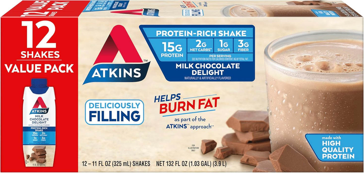 Atkins Protein Snack Bundle: Caramel Chocolate Nut Roll Bar & Milk Chocolate Delight Shake - High Fiber, Low Sugar - 16 Bars & 15 Shakes