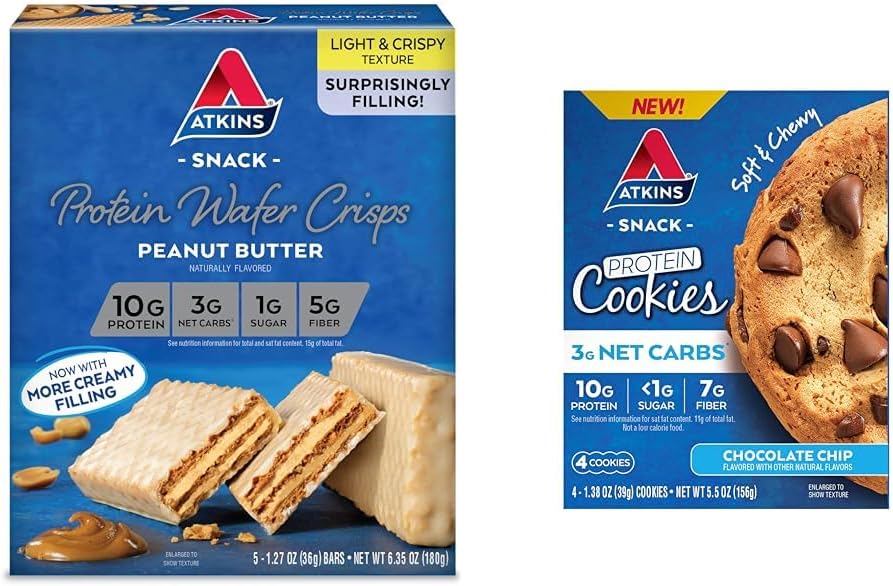 Atkins Protein Snack Bundle: Peanut Butter Wafer Crisps (5) & Chocolate Chip Cookie (4)