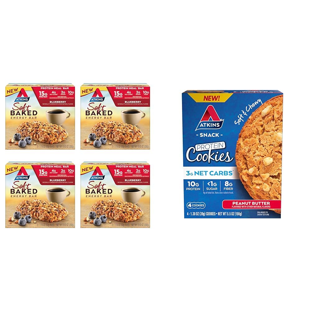 Atkins Soft Baked Blueberry Energy Bars with 15g Protein & Peanut Butter Protein Cookie with 3g Net Carbs and Fiber
