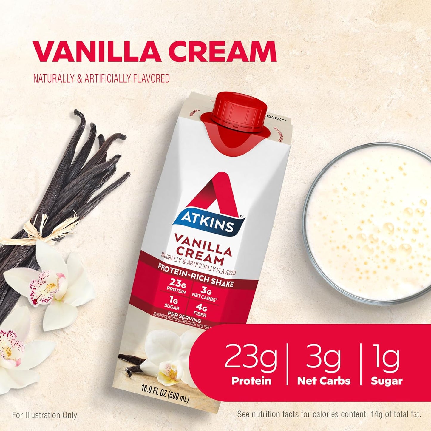 Atkins Vanilla Cream Protein Shake - 23g Protein, Low Carb, Keto-Friendly