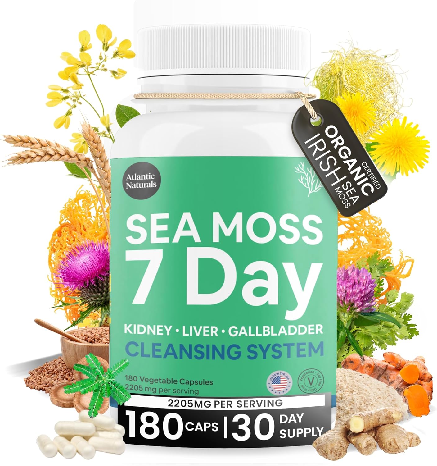 Atlantic Naturals Sea Moss Liver & Kidney Cleanse Capsules - 7 Day Detox Support with Dandelion, Milk Thistle, Burdock, Red Clover, Chanca Piedra - 180 Capsules