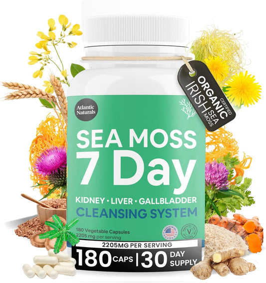 Atlantic Naturals Sea Moss Liver & Kidney Cleanse Capsules - 7 Day Detox Support with Dandelion, Milk Thistle, Burdock, Red Clover, Chanca Piedra - 180 Capsules