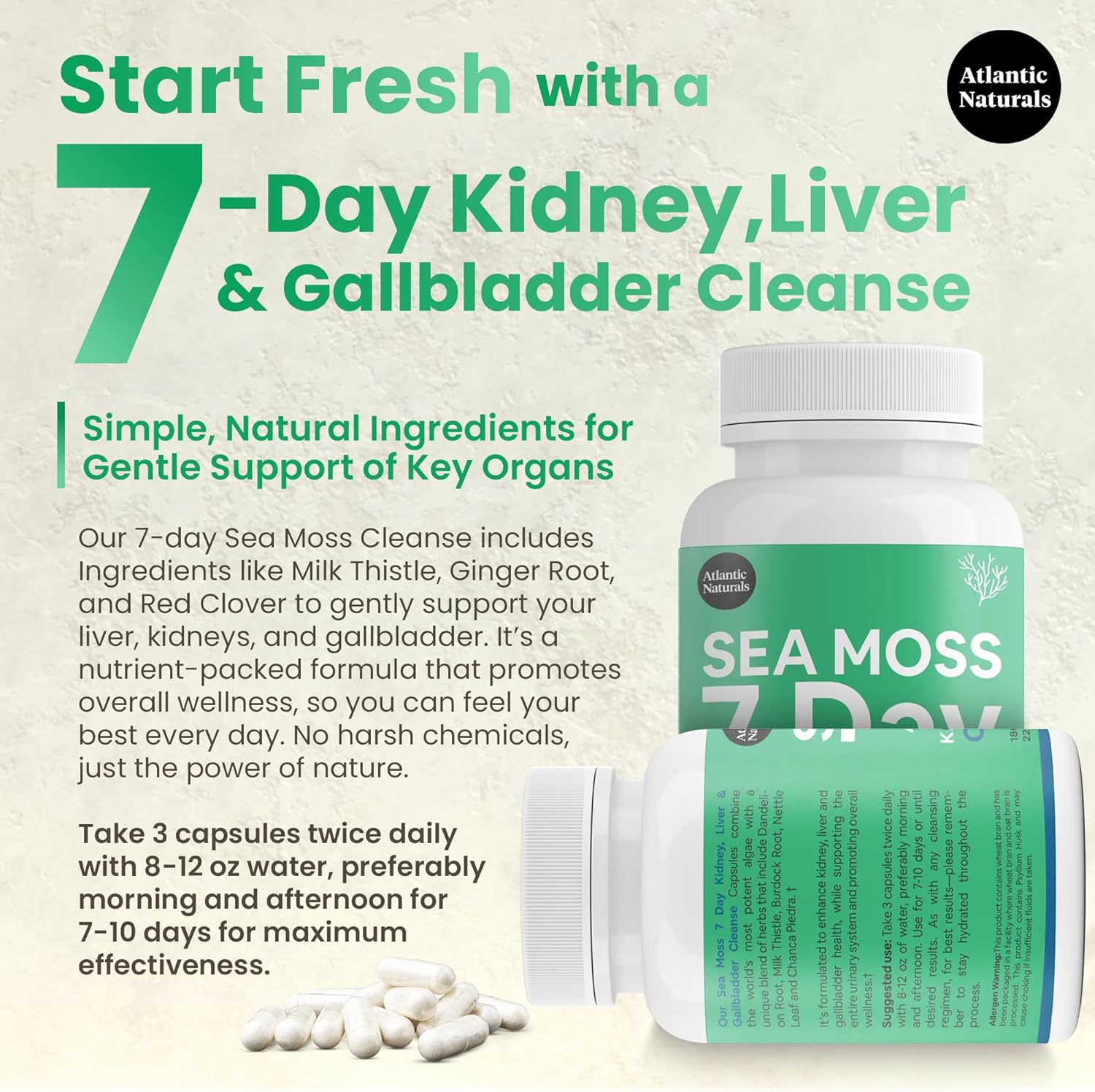 Atlantic Naturals Sea Moss Liver & Kidney Cleanse Capsules - 7 Day Detox Support with Dandelion, Milk Thistle, Burdock, Red Clover, Chanca Piedra - 180 Capsules