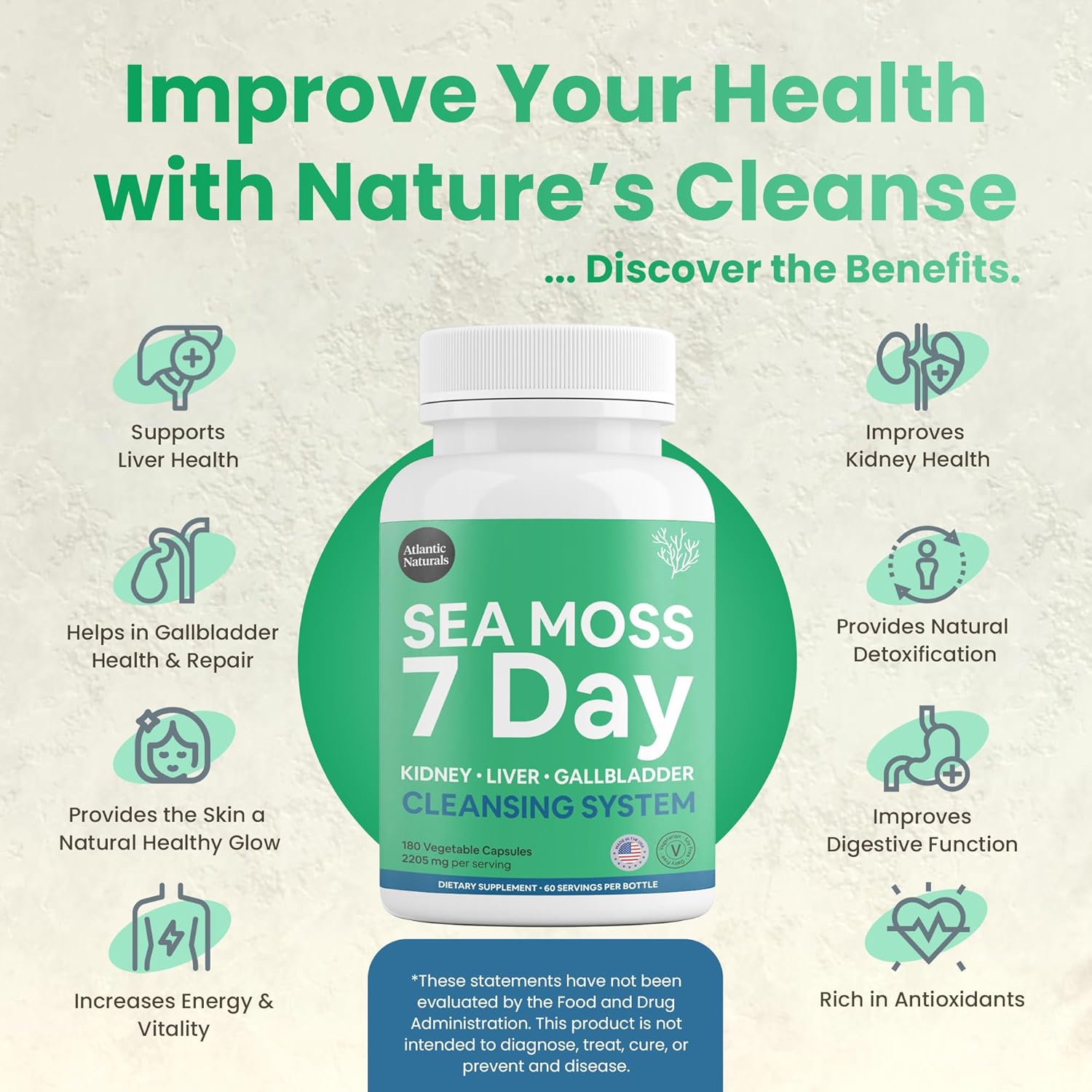 Atlantic Naturals Sea Moss Liver & Kidney Cleanse Capsules - 7 Day Detox Support with Dandelion, Milk Thistle, Burdock, Red Clover, Chanca Piedra - 180 Capsules
